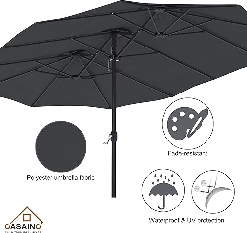 Miniatura 5 de CASAINC Sombrilla de patio de 15 pies con base de doble cara para exteriores, sombrilla rectangular doble con manivela, para jardín, terraza,