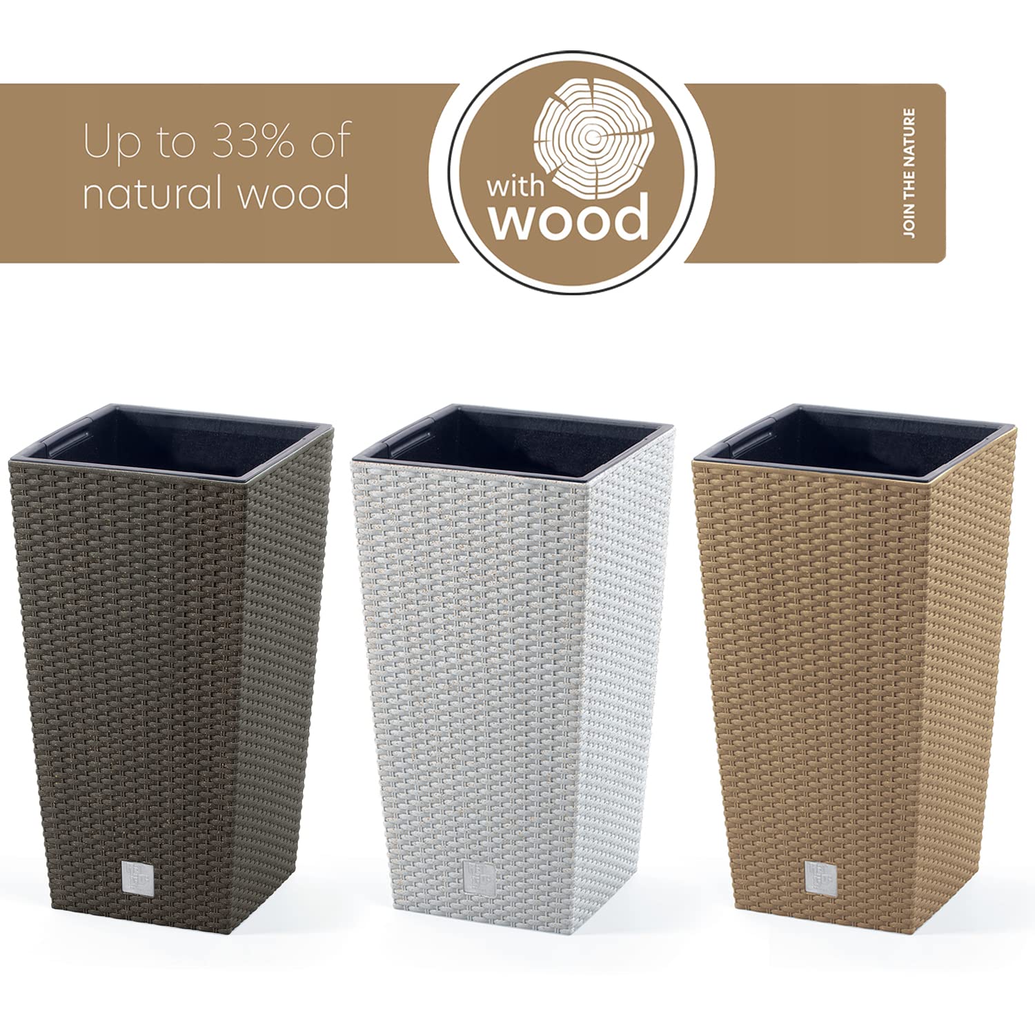 Vaso per Fiori piante Quadrato Rato Square ECO WOOD Decorativo in Plastica e 33% Legno da Interno Esterno 29x29x55 cm Caffè Design Moderno 35 Litri