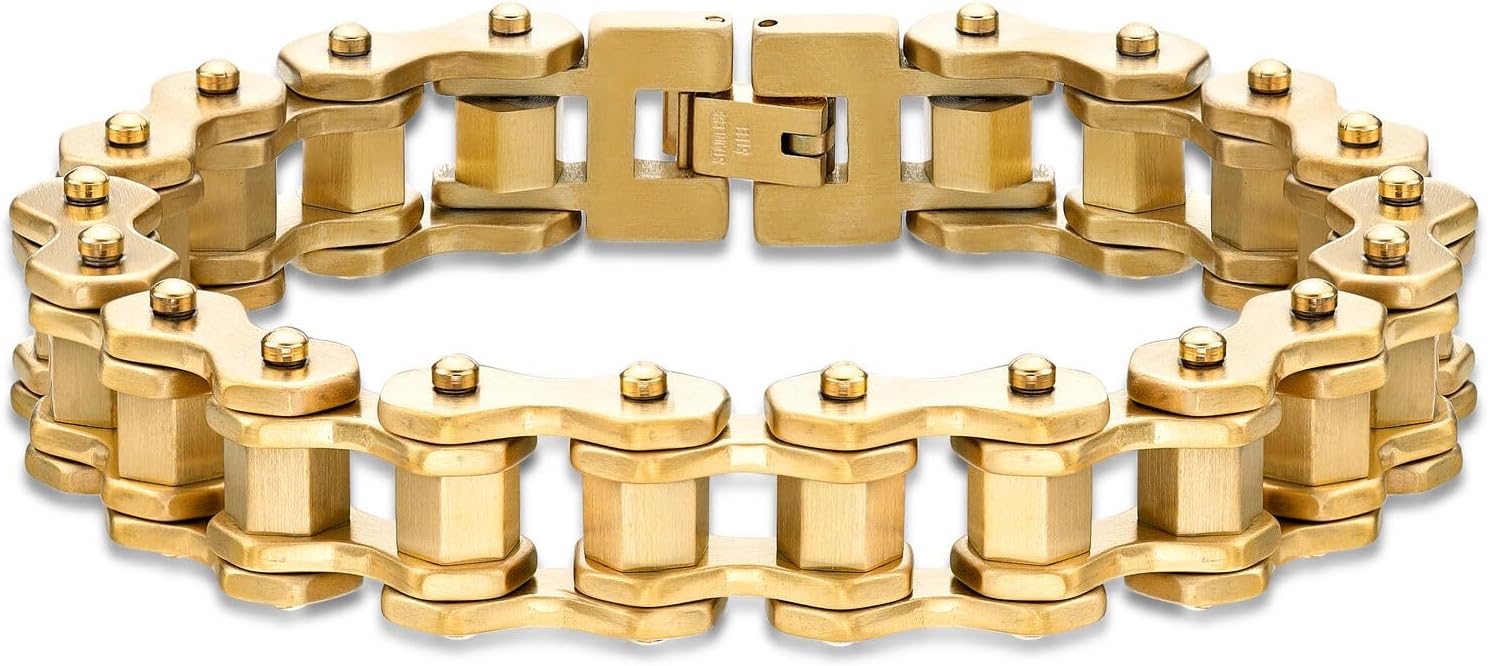 Metro Jewelry Bicycle Chain Bracelet for Men in Stainless Steel with Black or Yellow Gold Ion Plating with Fold Over Clasp