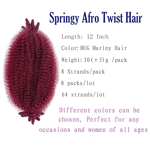 Miniatura 3 de Trenzas de cabello rizado Marley Twist de 12 pulgadas, afro rizado primaveral, 8 paquetes, trenzas rizadas burdeos, trenzas rizadas pre-separadas,