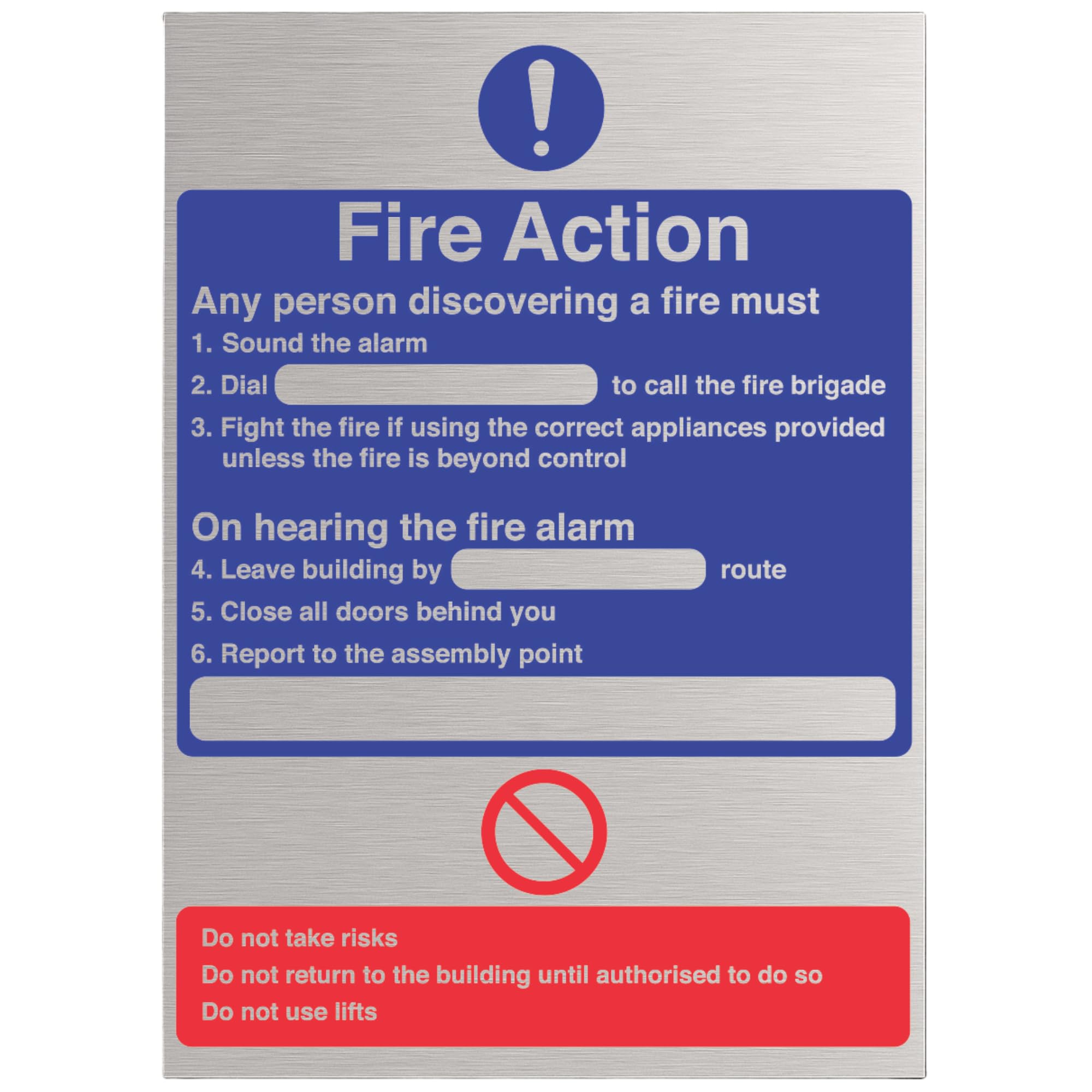 Vsafety Silver, Blue, Red V Safety 12001An-Acbrsh General Fire Action Dial Sign - 150Mm X 200Mm - 3Mm Brushed Alu Comp