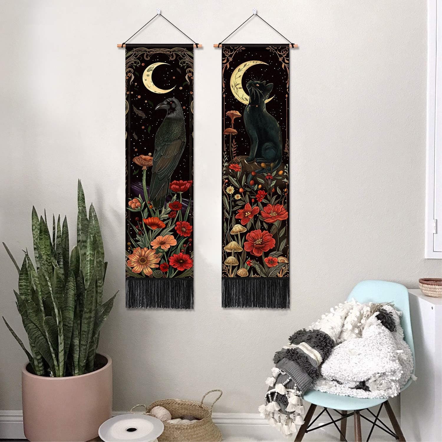 ARTCREATOR Pack of 2 Gothic Wall Decor Whimsical Dark Academia Decor, Black Cat Crow Tapestry Mystical Witchy Moon Vertical Tapestries for Bedroom Aesthetic Alt Room (12.8 x 51.2 inches)
