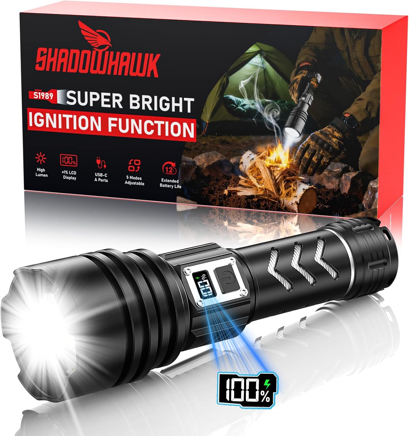 Shadowhawk Taschenlampe Led Aufladbar 1,000,000 LM - 50W Taktische Taschenlampe Extrem Hell, 1000m Weitschuss & 12H Laufzeit, IP67 LCD-Display flashlight für Survival/Outdoor/Camping, Mit Zündfunktion - Amazon product rated Grade B