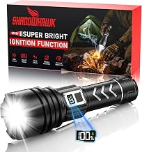 Shadowhawk Torch LED Rechargeable 1,000,000 LM - 50 W Tactical Torch Extremely Bright, 1000 m Wide Shot & 12H Running Time, IP67 LCD Display Flashlight for Survival/Outdoor/Camping, with Ignition Function