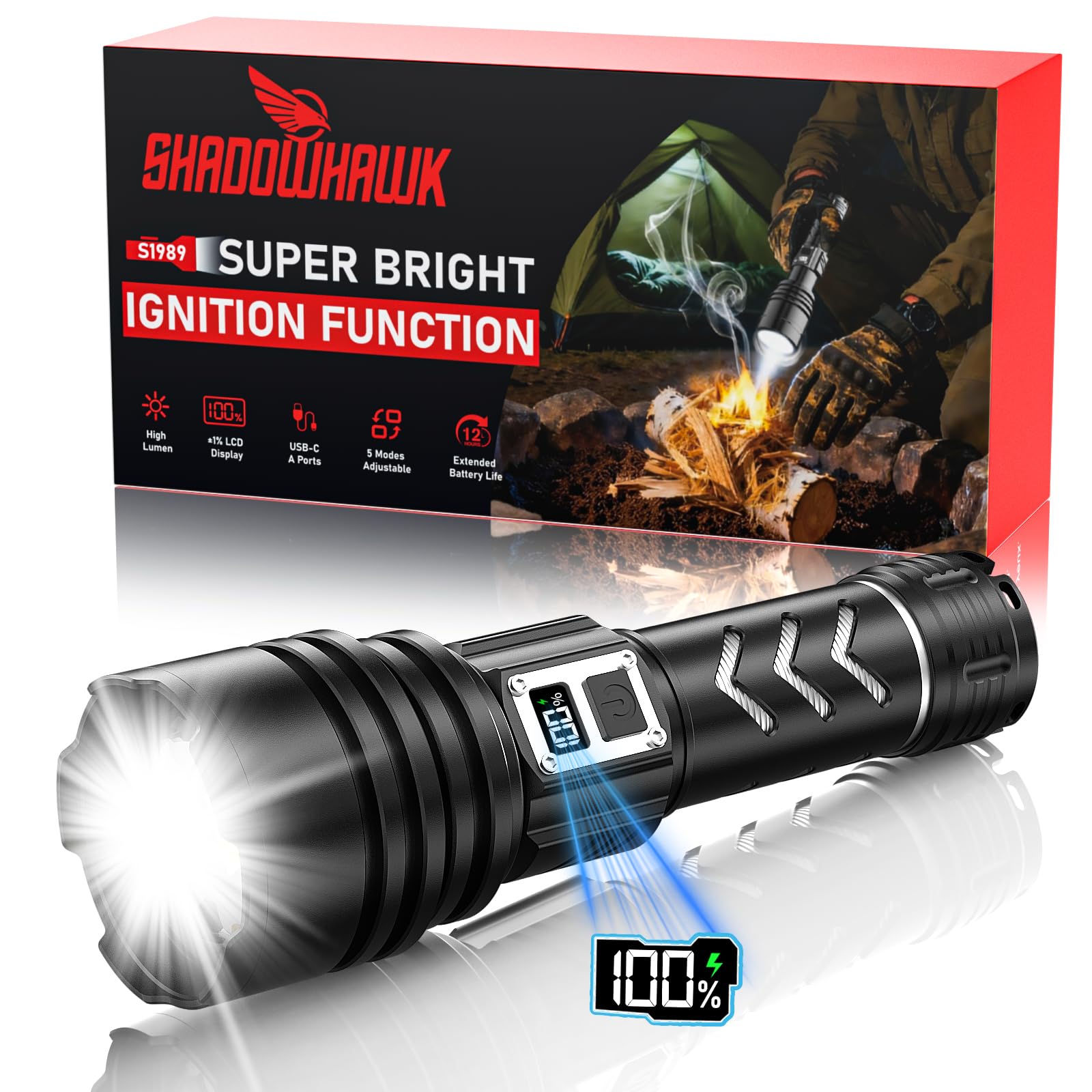 Shadowhawk Taschenlampe Led Aufladbar 1,000,000 LM - 50W Taktische Taschenlampe Extrem Hell, 1000m Weitschuss & 12H Laufzeit(6000mAh Akku) LCD flashlight für Survival/Outdoor/Camping, Mit Zündfunktion