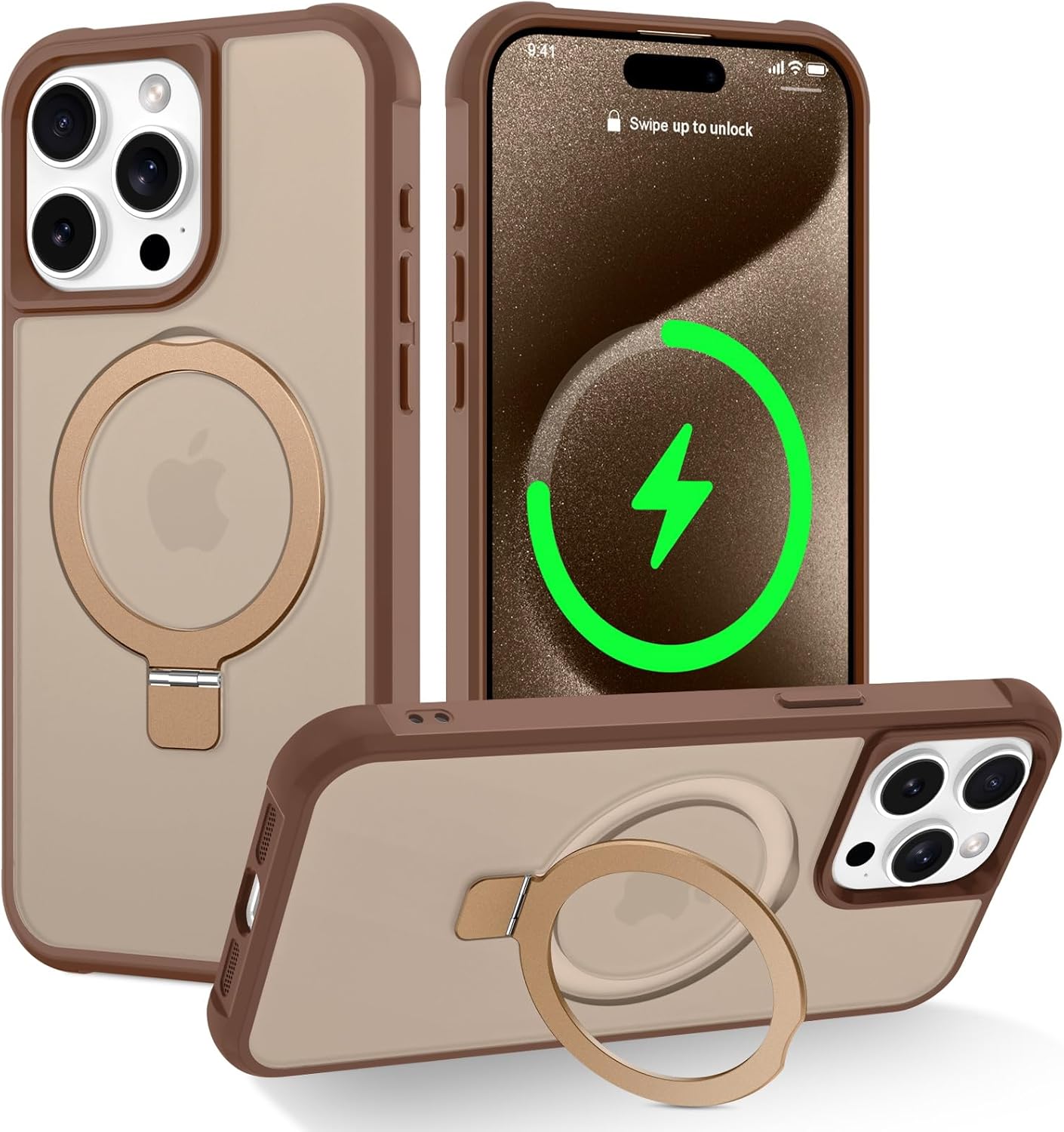 Magnetic Compatible with iPhone 15 Pro Case with Stand [Military Grade Drop Tested][Compatible with Magnet] Ring Translucent Slim Hard Back Soft Edge, Desert Gold Desert Gold iPhone 15 Pro
