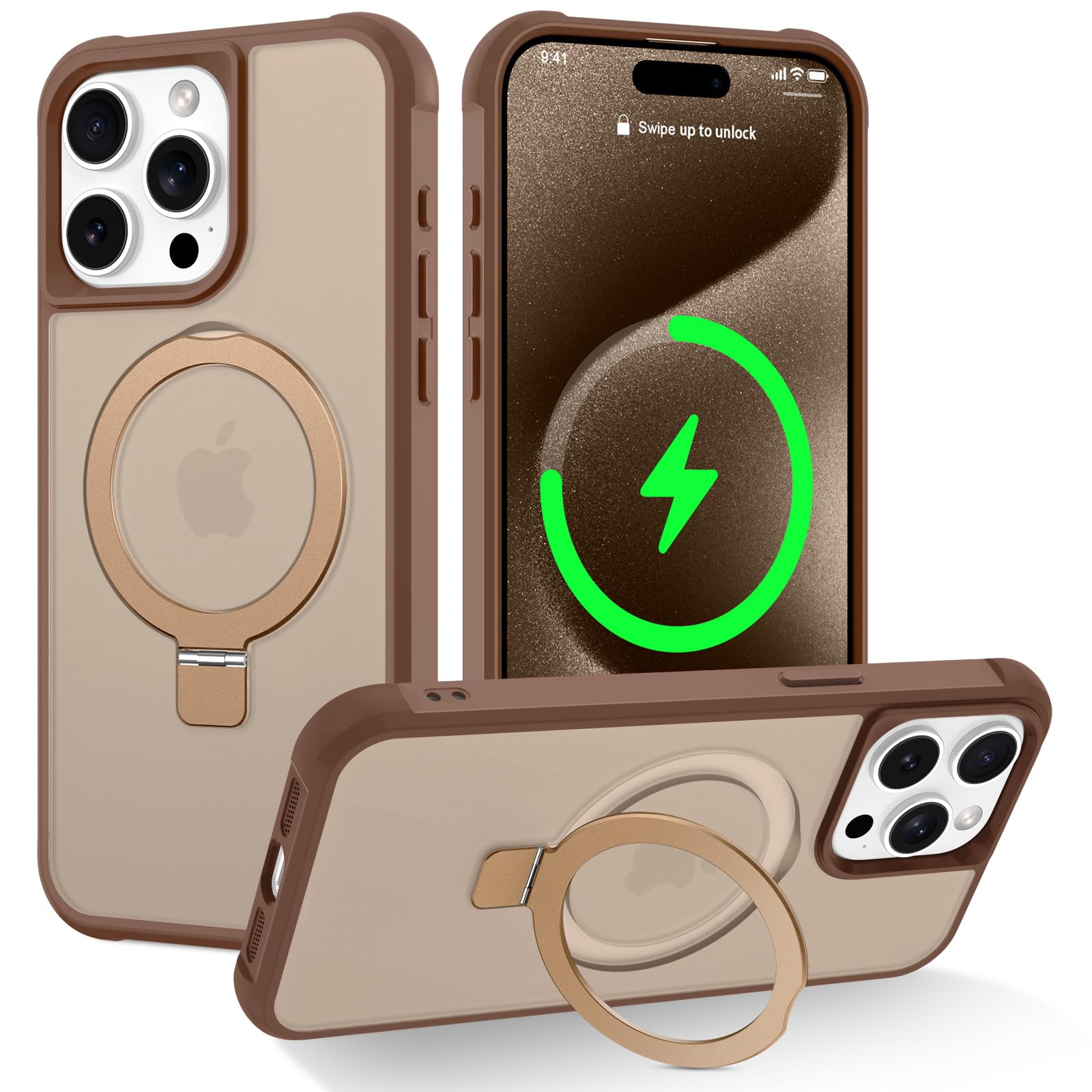 CHAOFEnG Magnetic Compatible with iPhone 15 Pro Case with Stand [Military Grade Drop Tested][Compatible with Magnet] Ring Translucent Slim Hard Back