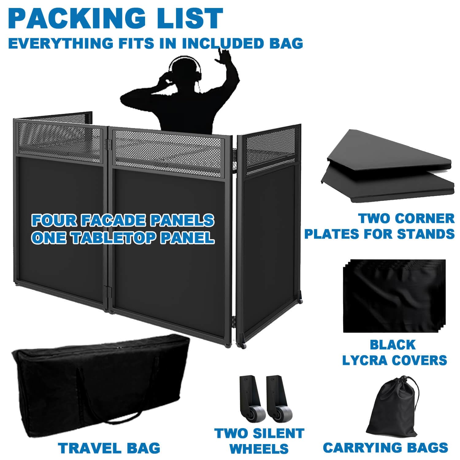 Mesa portátil de DJ con ruedas, cabina de fachada plegable de 45 pulgadas con paneles de esquina dobles y mesa de malla, soporte móvil para controlador de DJ con malla y bolsa de transporte para bodas