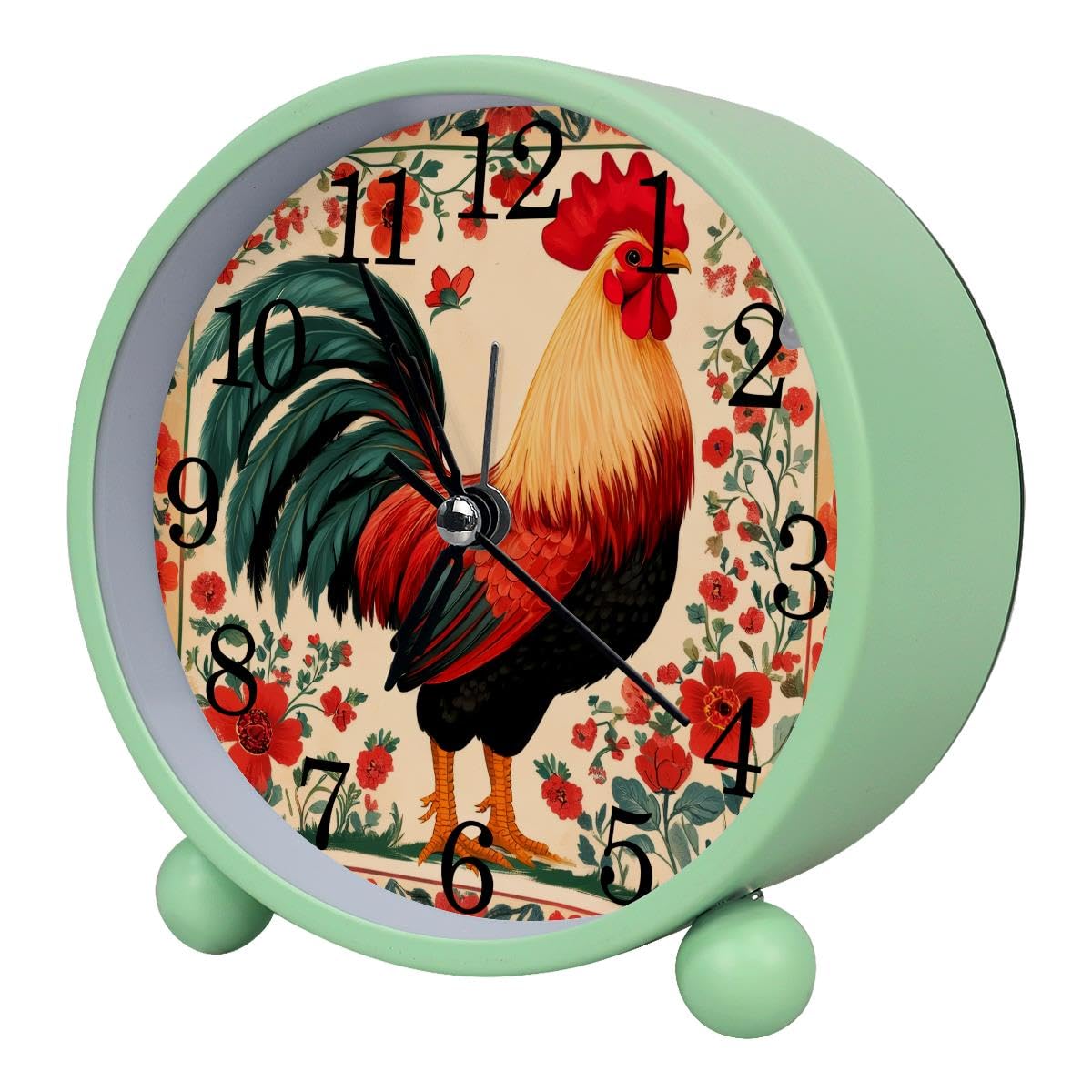 Luoweisi Alarm Clock Rooster Flowers, Silent Non-Ticking with Night Light, Round Metal Alarm Clock for Office, Battery Operated, Bedroom, Elderly, Adults, Children, Student Gifts