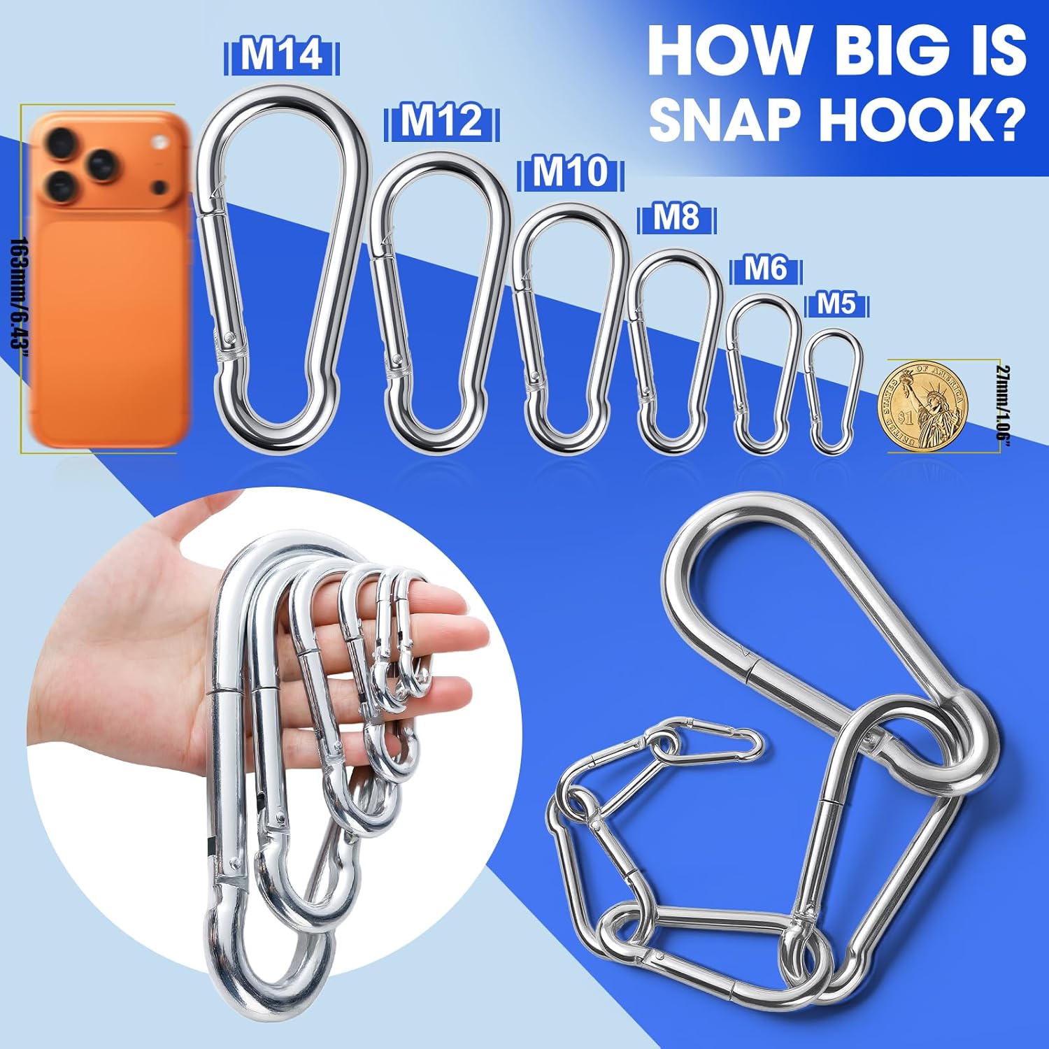 30Pack Heavy Duty Spring Snap Hooks 4Inch, 3/8” Carabiner Clips for Swing, Large Steel Chain Quick Links Safety Buckle Connector for Hammock Fitness Gym Outdoor Boating, M10 Snap Hook Carabiners - Image 3