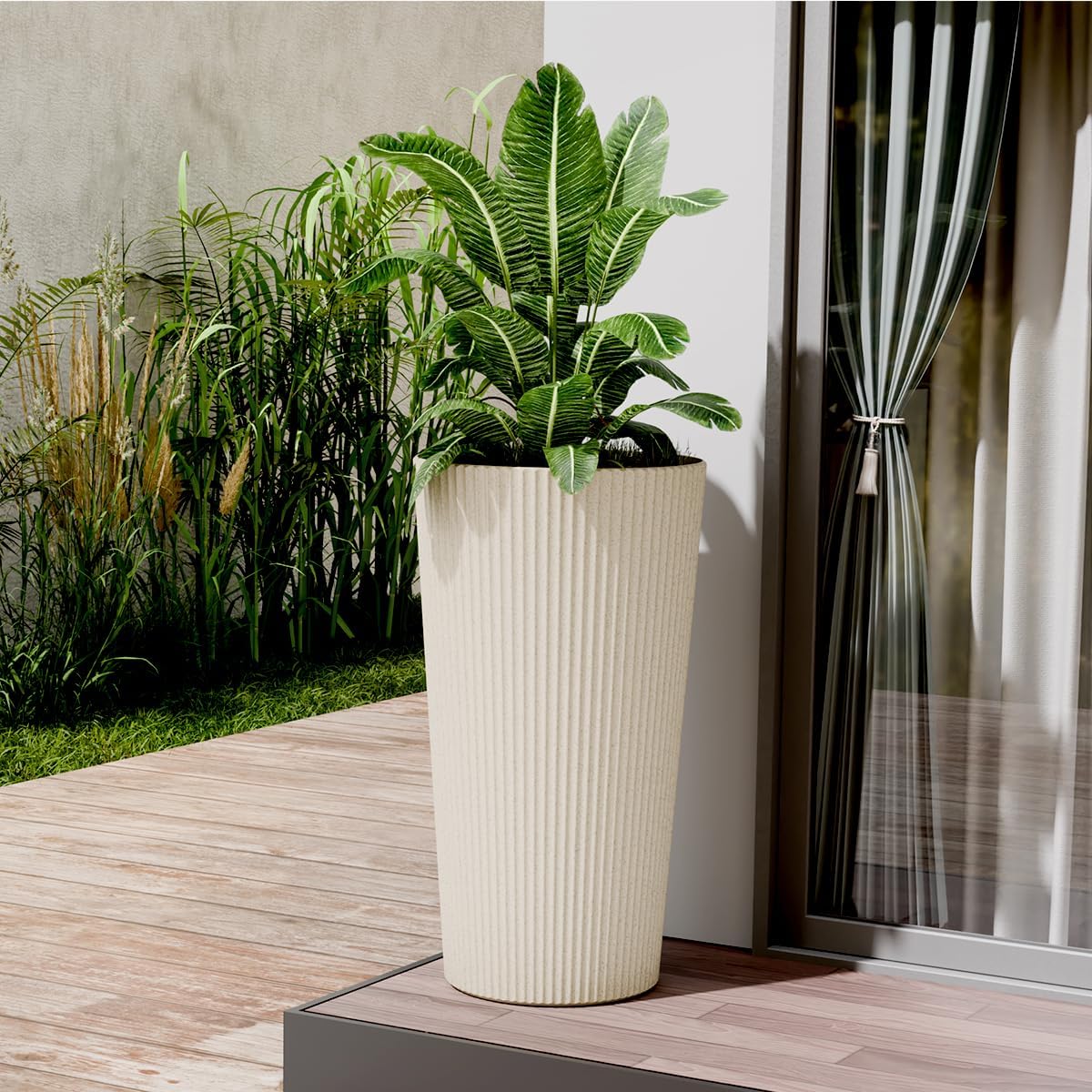 23.6" Tall Planters for Outdoor Plants,Large Outdoor Planters for Front Porch Decor with Drainage Hole, Flower Pots Fits Indoor Plants Patio/Garden, Plastic Striped Off-White (2 Pack)