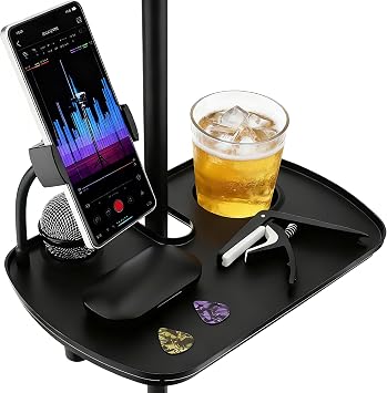 Microphone Stand Tray with Phone Holder, 12.2" Large Clamp On Shelf Table | Fits 0.4"-2" pole. Hold 9.9 lbs. Raised edge. Fits karaoke music stand studio concert floor lamp beach sunshade table storage