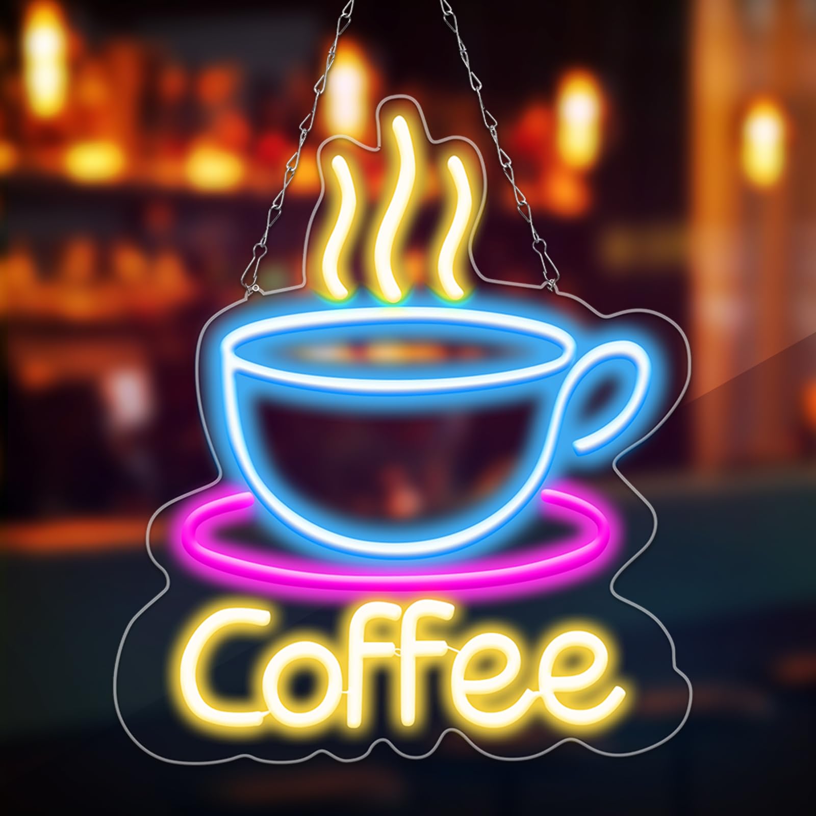 Coffee Neon Sign, reklama reklamowa LED, do kawy, neonowy szyld z przyciemnianym włącznikiem i łańcuchem wiszącym, zasilanie USB, do kawiarni, baru, salonu, dekoracja