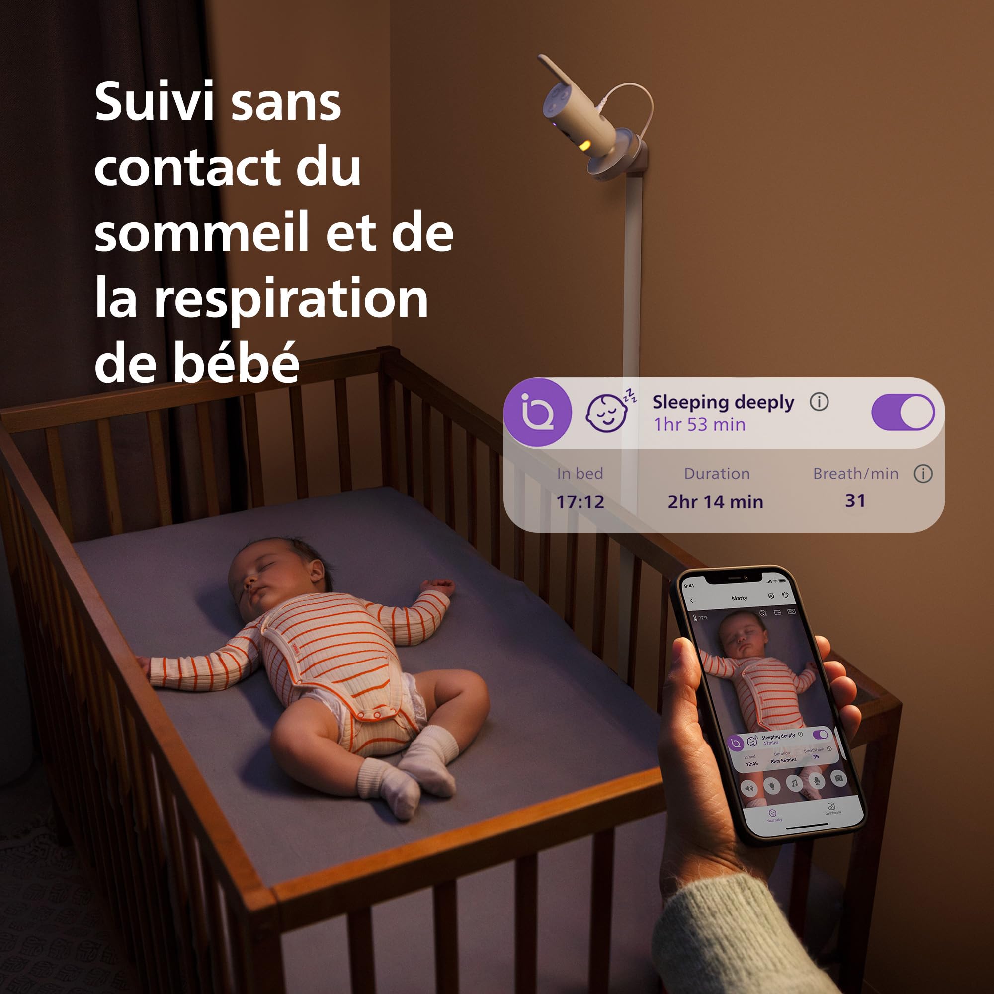 AVENT Philips Babyphone vidéo connecté HD, Moniteur Le Plus avancé à ce Jour, Suivi IA du Sommeil et de la Respiration, Application, Affichage Jour et Nuit Ultra-Clair, SCD973/26