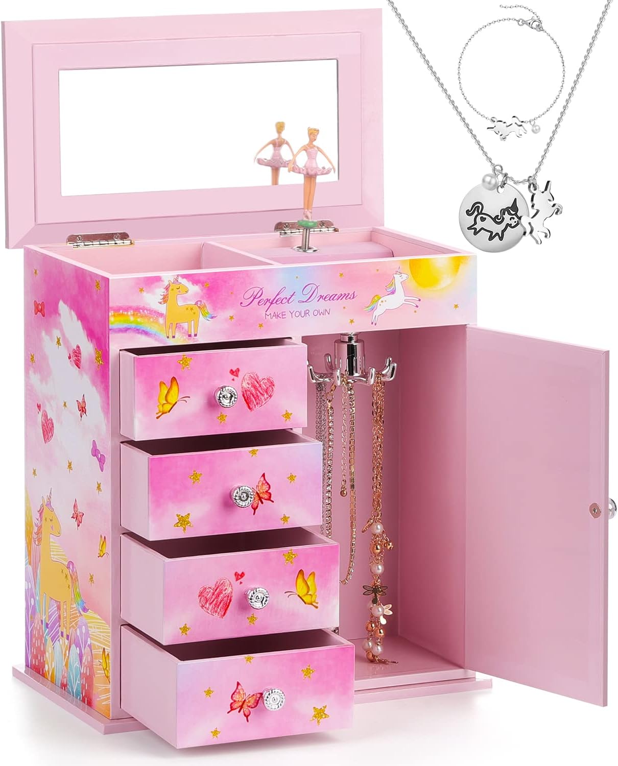Musical Jewelry Box for Girls 5-Layer with Swing Door Spinning Ballerina Unicorn Theme Included Unicorn Jewelry Set Kids Birthday Gift for Girls Music Box Christmas Gifts Colorful