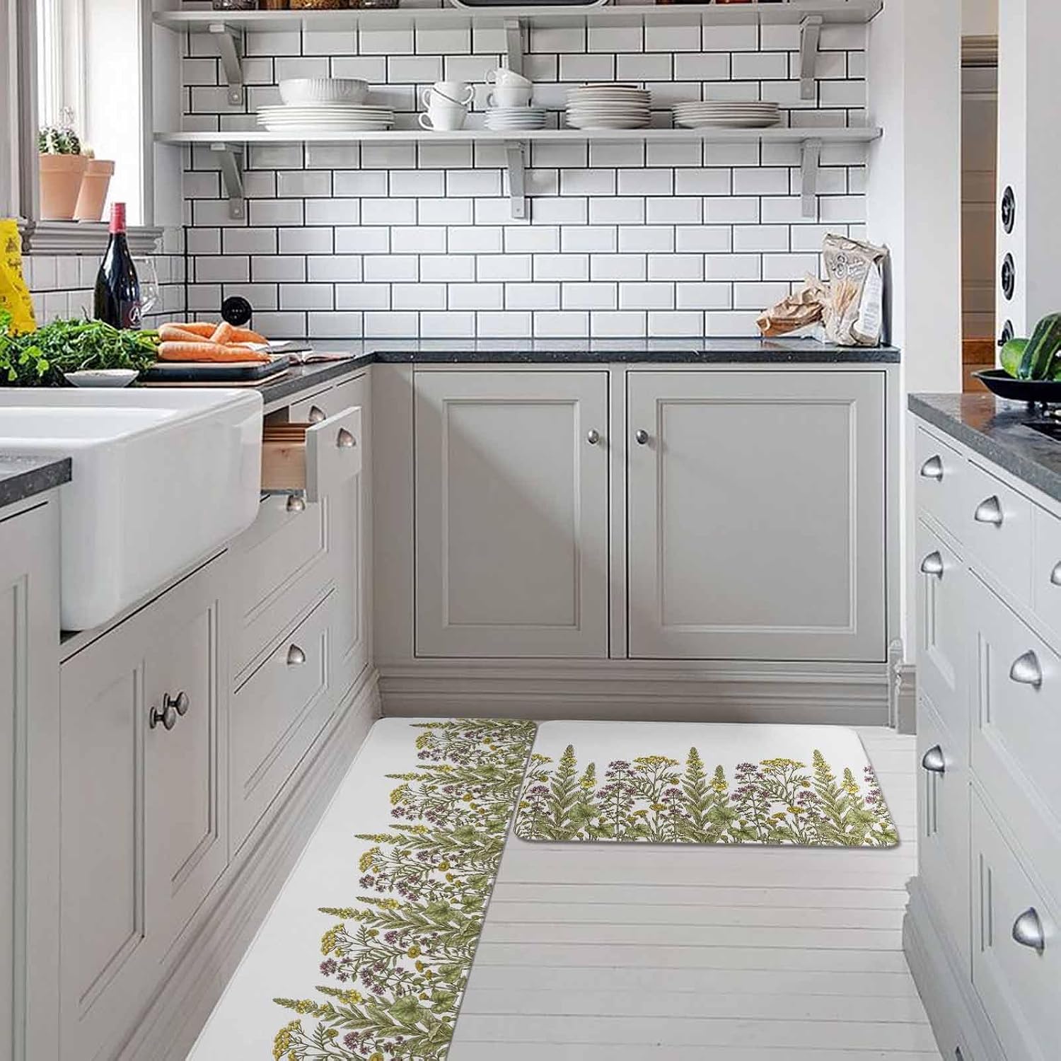 Watercolor Flowers Kitchen Rugs and Mats Set of 2, Non-Slip Kitchen Sink Mat, Vintage Country Floral Leaves Spring Washable Doormat Bathroom Rugs Runner for Bedroom/Living Room 23.6"x35.4"+23.6"x70.9"