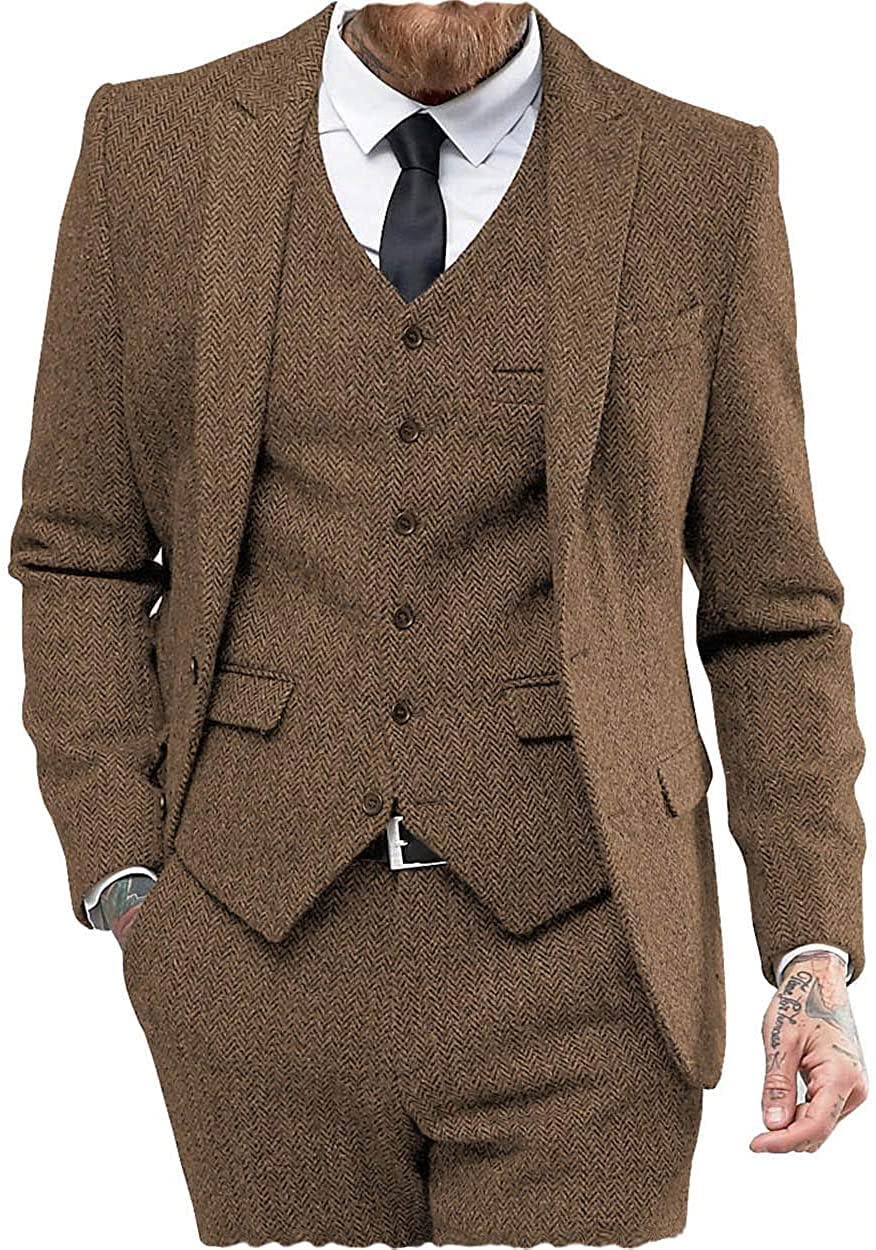 Classic Abiti Da Uomo Vestibilità Regolare 3 Pezzi Lana Tweed Spina Di Pesce Affari Smoking Sposi Sposi Blazer+Gilet Pantaloni