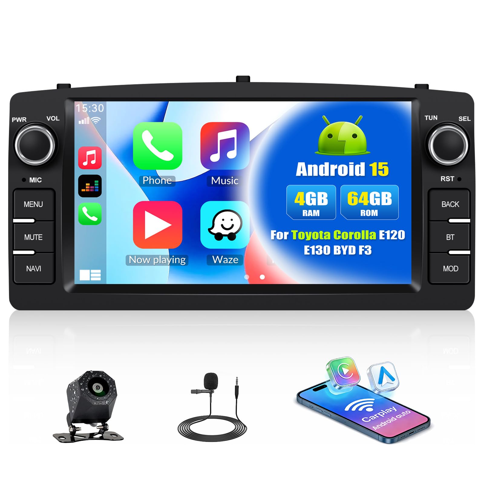 CAMECHO 4+64G 7 Pulgadas Autoradio Android 15 para Toyota Corolla E120 E130 2000-2007 y BYD F3 2006-2013, Radio Bluetooth con CarPlay Inalámbrico Android Auto FM RDS GPS Wi-Fi + Cámara Trasera