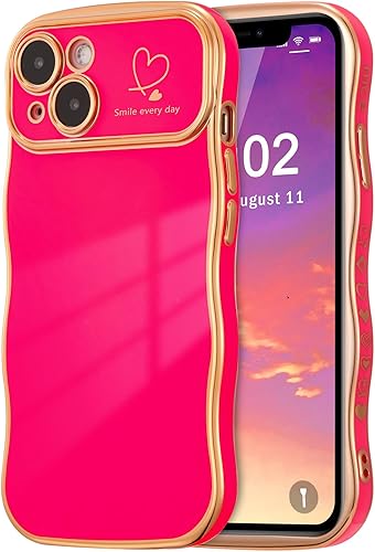 Miniatura 55 de ZTOFERA Funda para iPhone 14 de 6.1 pulgadas, Linda Funda con Marco de Ondas Rizadas con Patrón de Corazones, Borde Chapado de Lujo, Funda de