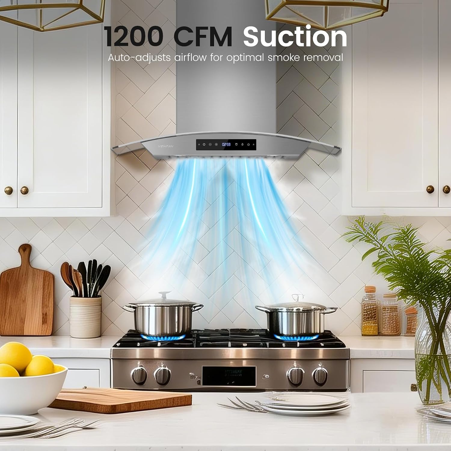VENFAN 1200 CFM Wall Mounted Range Hood 30 inch, DC Motor, 8-Speed Gesture Control, Smart Memory & Delay Shutoff, Curved Glass VFE03-30