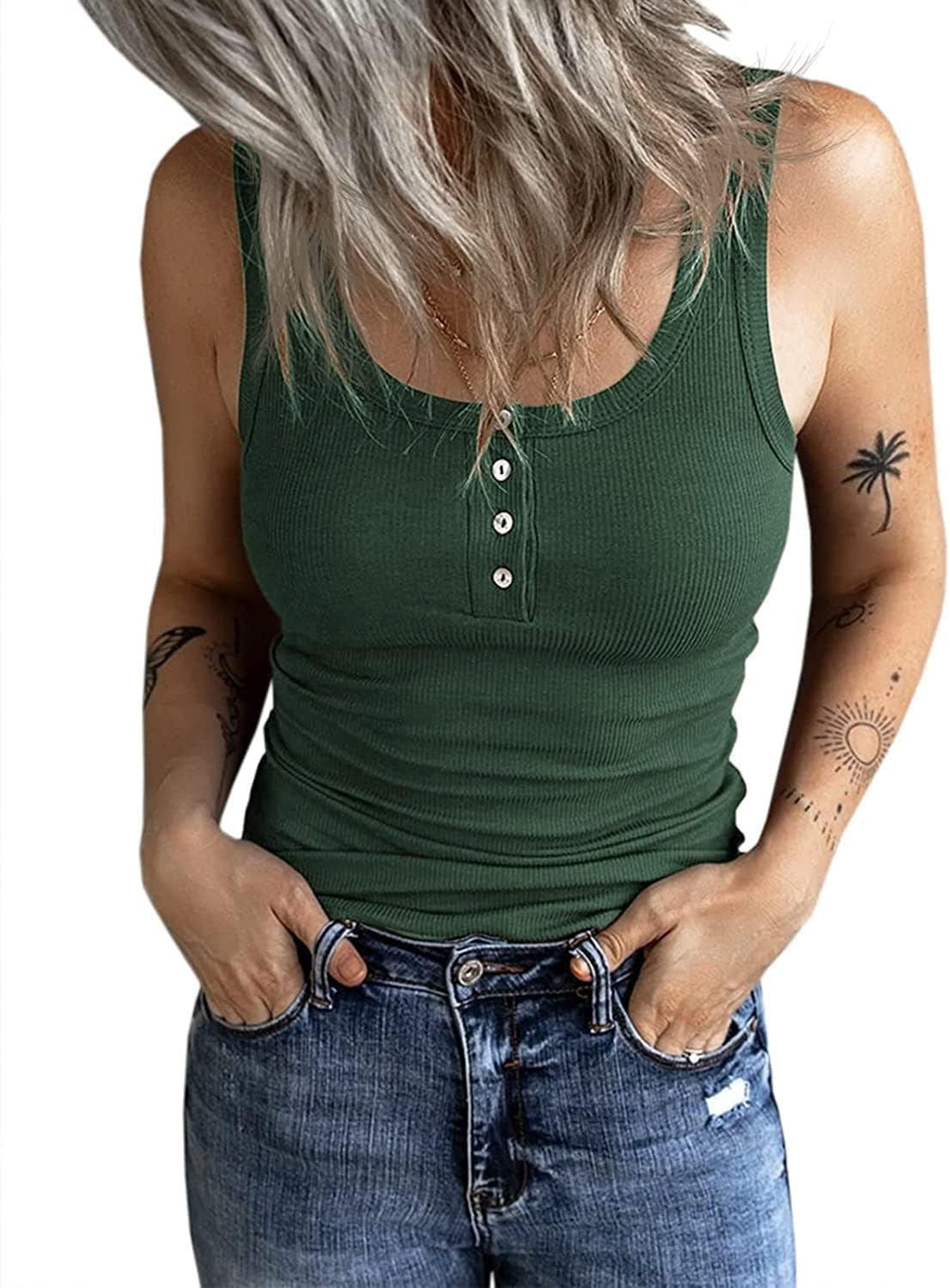 Fessceruna Damen Tops Sexy Tanktop Ärmellos Sommer Oberteil | U-Ausschnitt, Einfarbig, Gerippt Sommertop, Camisole Shirt mit Knöpfen, Elegant Träger-Tops