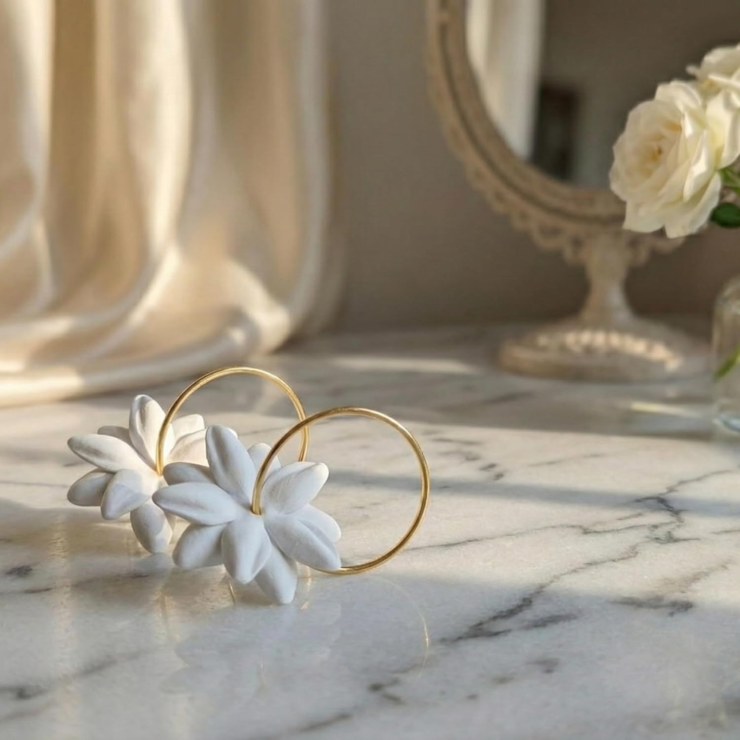50Pcs White Blooming Jasmine Clay Beads – Handcrafted Pikake Flowers for Hawaiian Lei Making, DIY Jewelry, Earrings & Tropical Crafts