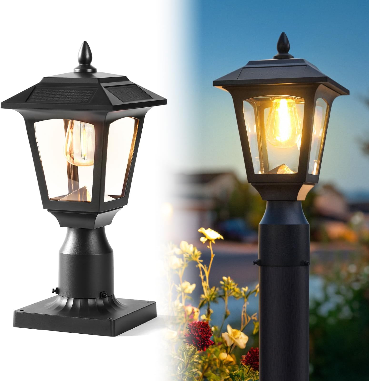 PASAMIC Solar Post Light, 3000K (Warm White) Dusk to Dawn Outdoor Solar Lamp with Aluminum Base, Waterproof Pillar Light for Fence, Garden, Yard, Patio, Outside Decoration