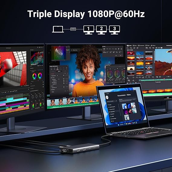 UGREEN Revodok Pro 308 Triple Screen Docking Station USB C Hub 2HDMI VGA(4K@60Hz max.), 10Gbps USB Ports (2*USB A, 2*USB C), PD 100W, Compatible with MacBook Air/Pro, XPS 15 etc.