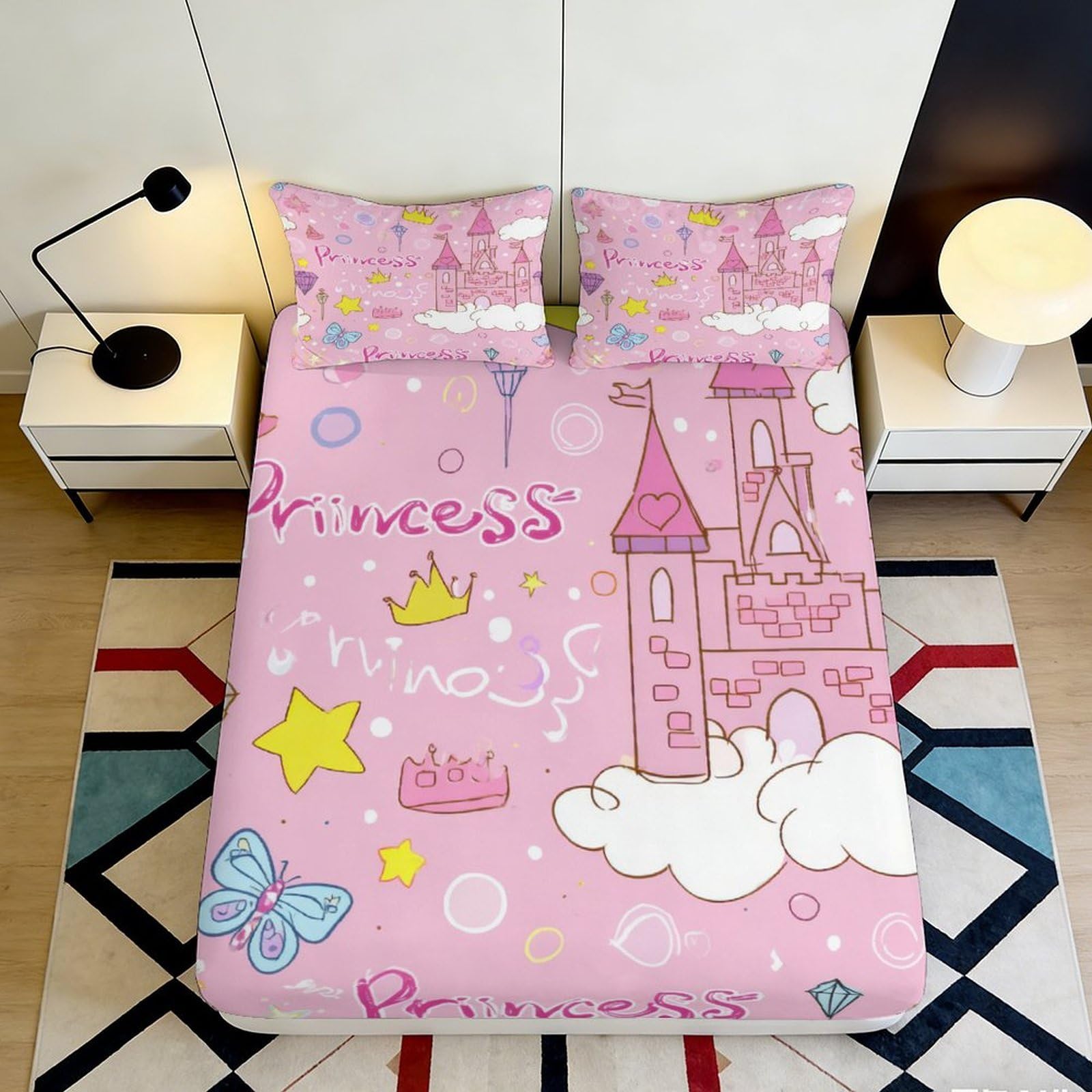 3D Printed Pink Princess Castle Fitted Sheet Microfiber Soft Breathable Cartoon Stars Bed Cover for Bedroom Dormitory Guest Room Mattress Protection Decor 140x200x25cm