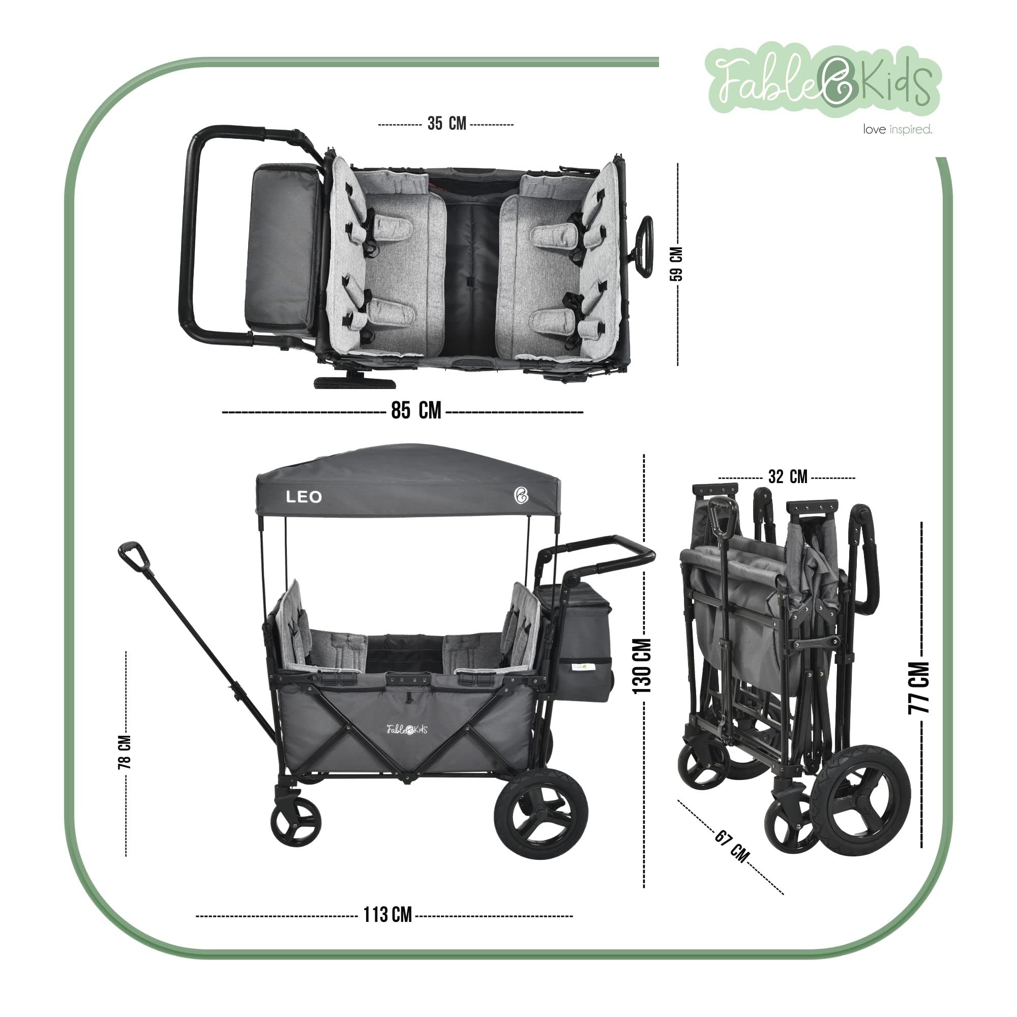 FableKids Follower Passeggino Leo X4Plus con tetto | Caricabile fino a 20kg per seduta | Imbracatura a 5 punti 4X | Ruote offroad a 360° | Freno a pedale | Oxford 600D| Maglie di ventilazione | grigio