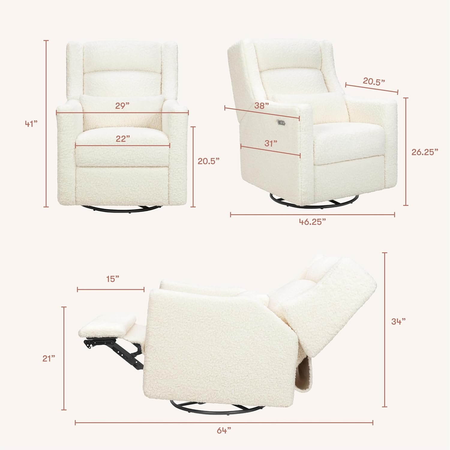 Babyletto Kiwi Plus Power Recliner and Swivel Glider with Power Headrest and USB Port in Cream Shearling, Greenguard Gold and CertiPUR-US Certified
