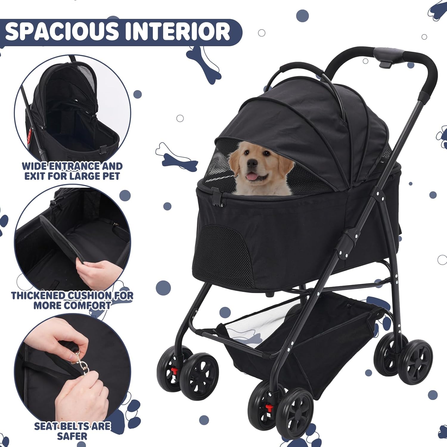 3-in-1 Pet Stroller,Foldable Cat Dog Strollers for Medium Dogs 20KG,Pet Travel Dog Stroller Pushchair with Detachable Carrier Car Seat
