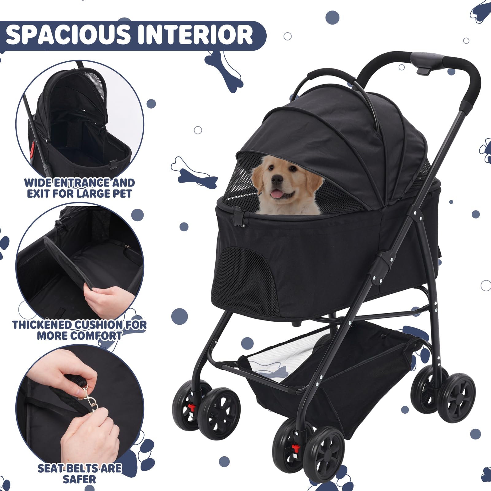 Hundewagen 3 in 1, Haustiere Buggy für mittelgroße Hunde, Faltbarer Hundebuggy bis 20kg, Haustiere Transportbox, Hundewagen mit abnehmbarem Carrier Autositz und Nahrungsmittelfach (schwarz)