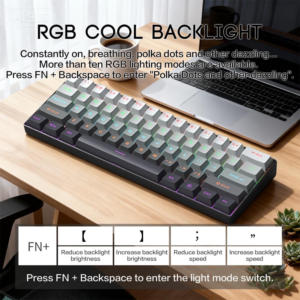 60% Wired Mechanical Gaming Keyboard, Mixed Backlit 61 Keys Compact Waterproof Mini Keyboard with Blue Switches for PC/Mac, Gamer, Typist, Travel (Mechanical Black Discoloration)