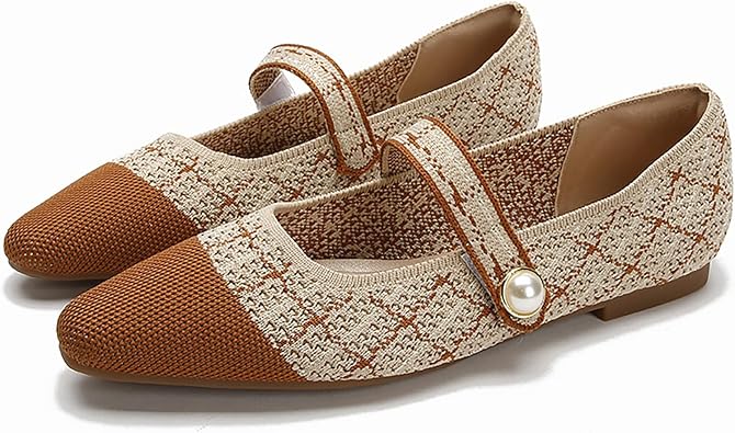 Womens Knitted Cap Toe Mary Jane Shoes,Comfortable Square Toe Arch Support Walking Shoes Soft Sole Strappy Mesh Office Work Dress Shoes Elegant Ballets Flats