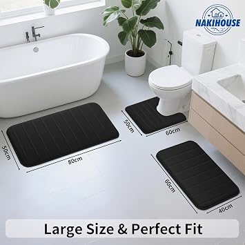 3 Piece Non-Slip Bath Mat Set, Luxury Thick Memory Foam Bathroom Rugs, Water Absorbent Soft Shower Mat Machine Washable Toilet Mat for Bathroom Floor, Black | Thick Memory Foam, Extra Soft, Machine Washable Black Floor Mats +Toilet Rug for Bathroom Shower Bathtub Sink