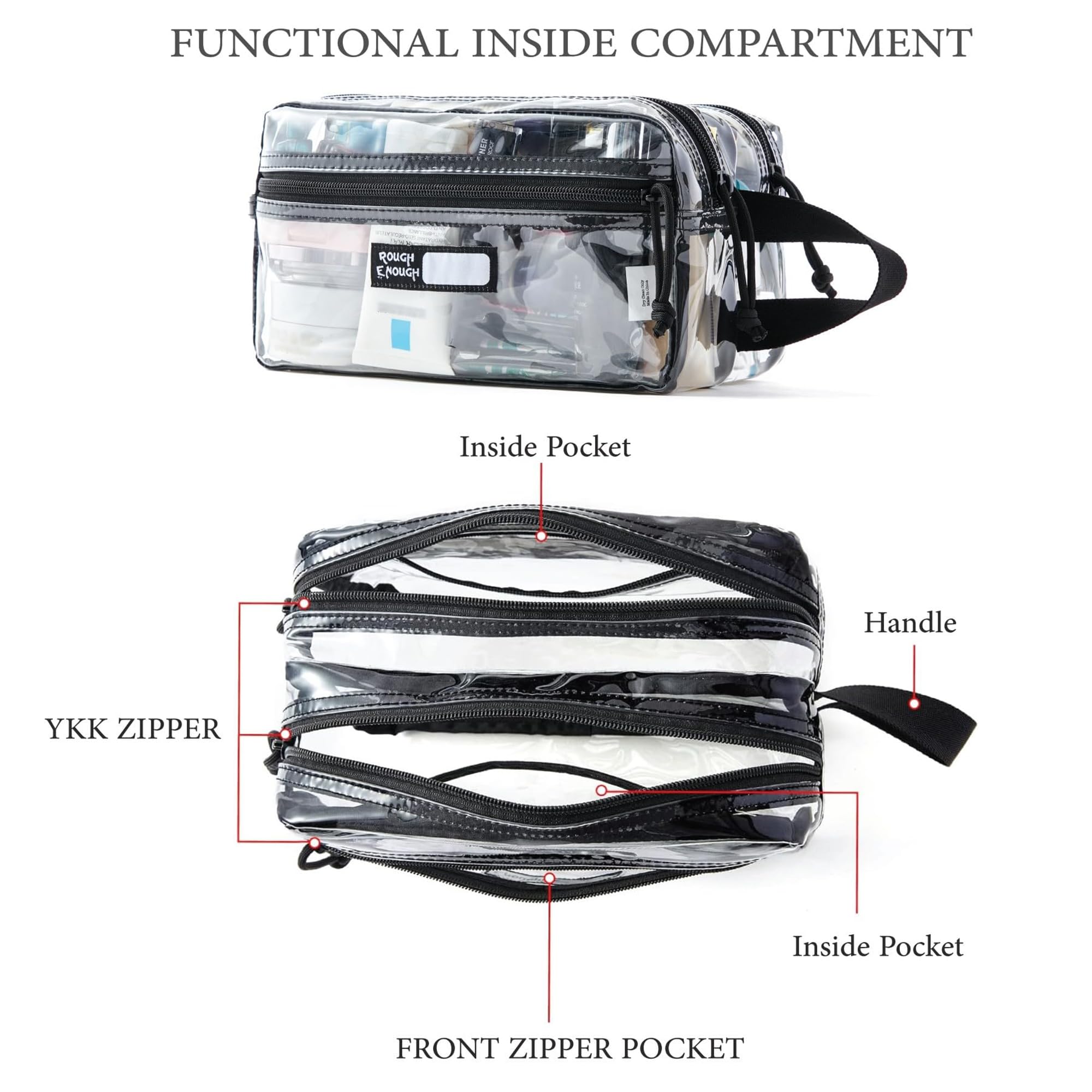 Rough Enough Clear Travel Toiletry Bag for Men Women Traveling Toiletries Essentials Shaving Hygiene Dopp Kit, Schwarz, 9.5 x 5 x 5 inch, Modisch
