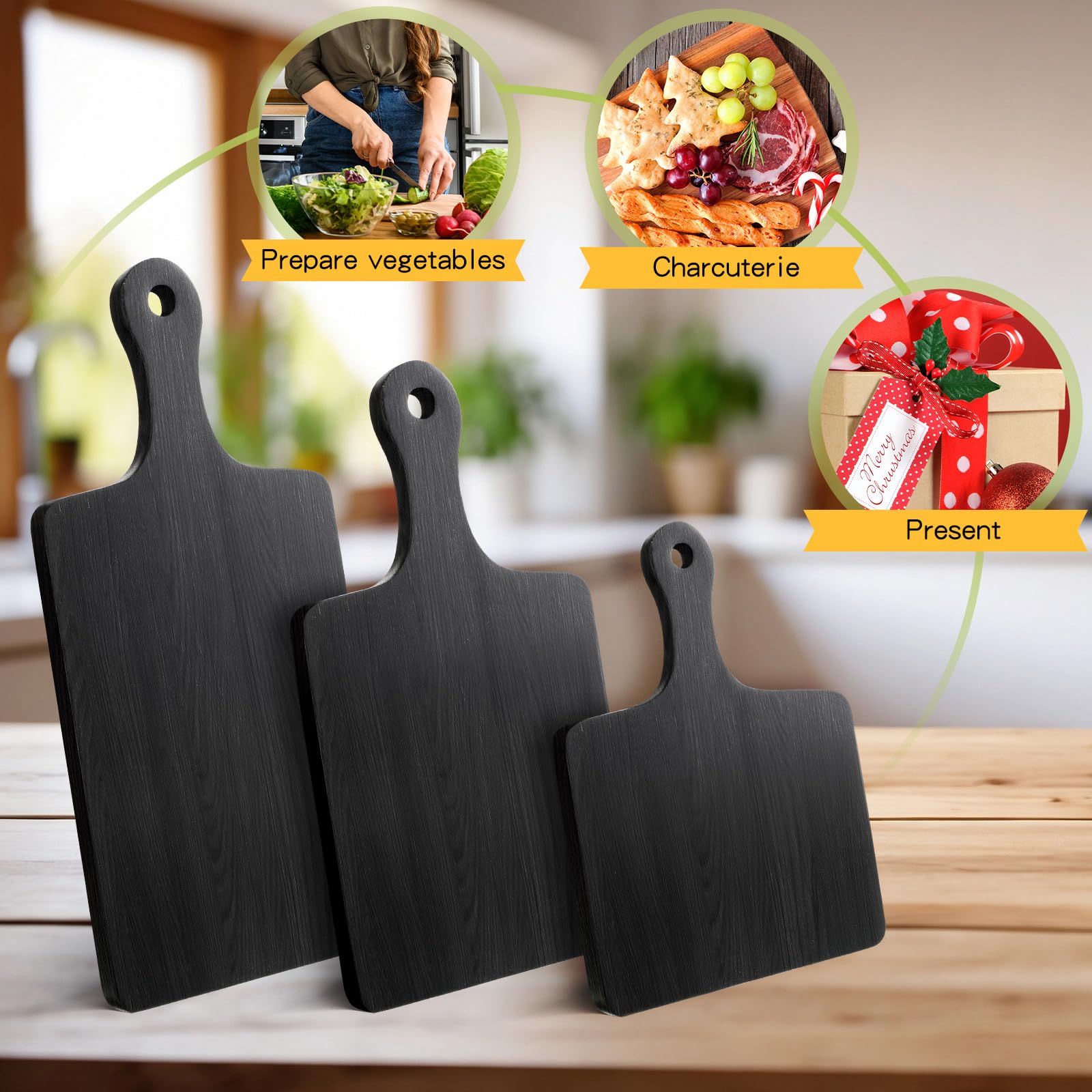 Geetery 3 paquetes de tablas de cortar de madera con mango de madera de bambú, tablas de servir pizza, charcutería, tabla de cortar para pan, queso, filete, 3 tamaños, bambú (negro)