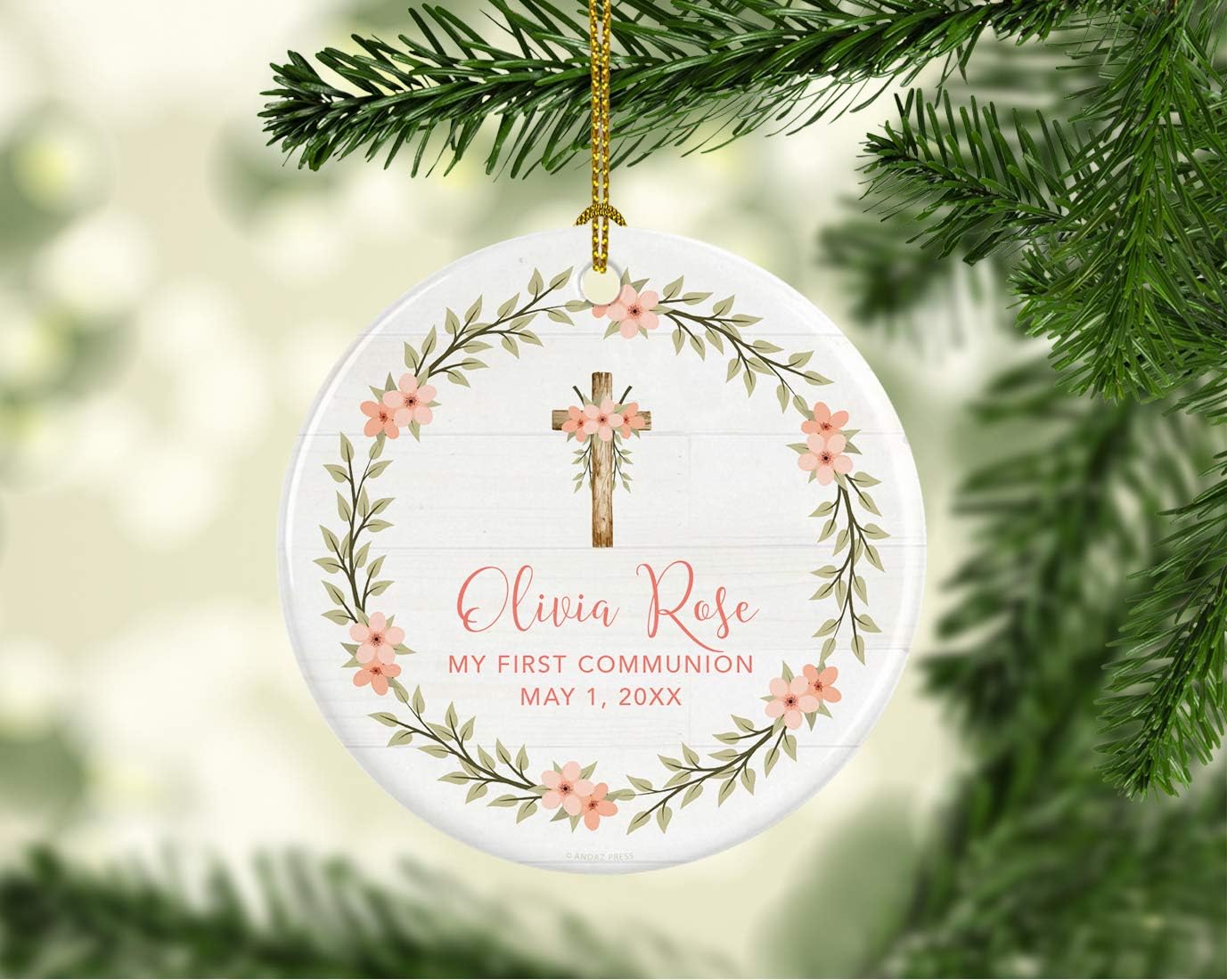Andaz Press Personalized Round Ceramic Porcelain Christmas Tree Ornament Keepsake Collectible Gift, Olivia Rose Carter, My First Communion May 1, 2024, Peach Florals Greenery, 1-Pack