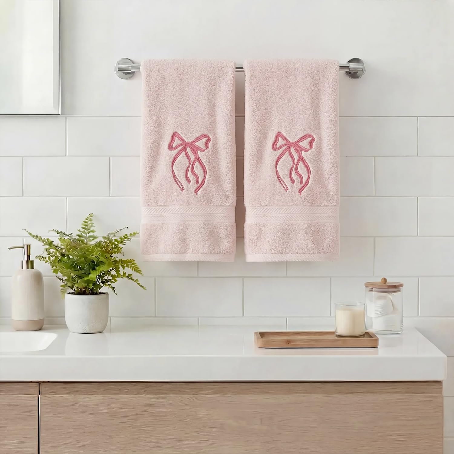 Artoid Mode 2 Pcs Pink Bowknot Embroidered Hand Towels for Bathroom, 100% Cotton Soft Absorbent Farmhouse Decor Towels, 13.7 x 29.5 Inch