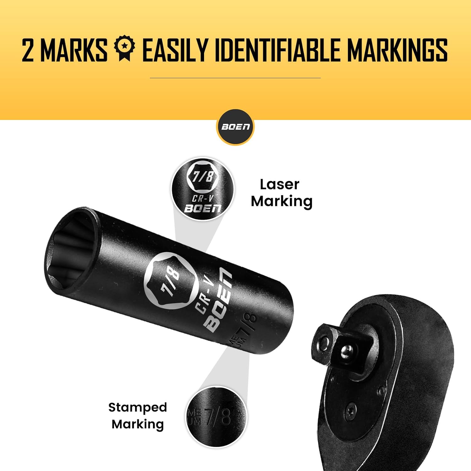 BOEN 3/8" Drive Deep Impact Sockets, Premium Impact Socket, 7/8" Socket, SAE, 6 Point,Cr-V Steel with Laser Marking - Strong and Durable