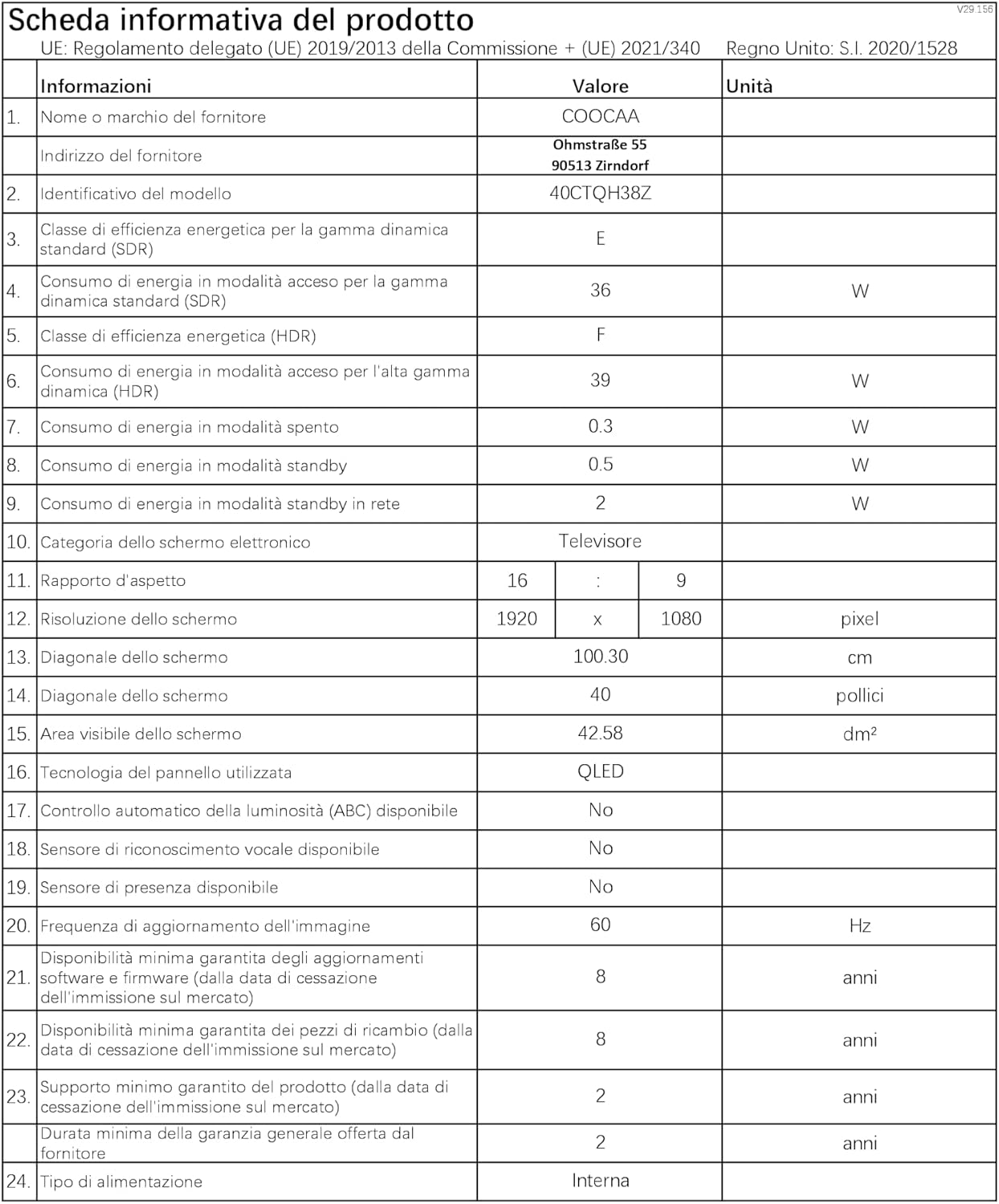 Product Information Sheet for coocaa 40CTQH38Z TV, detailing technical specifications.