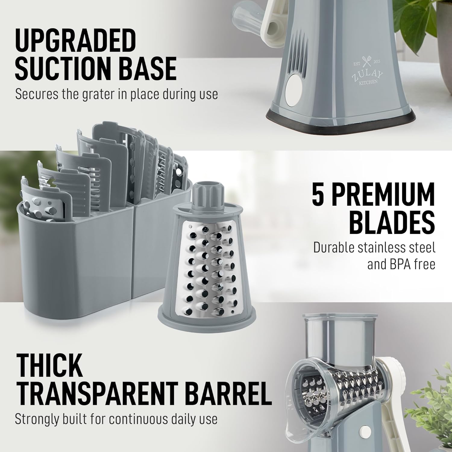 Zulay Kitchen Rotary Cheese Grater 5 Blade Cheese Shredder - Manual Hand Crank Cheese Grater With Reinforced Suction & 5 Interchangeable Drums - Easy to Use, Vegetable Chopper Round Mandoline Slicer