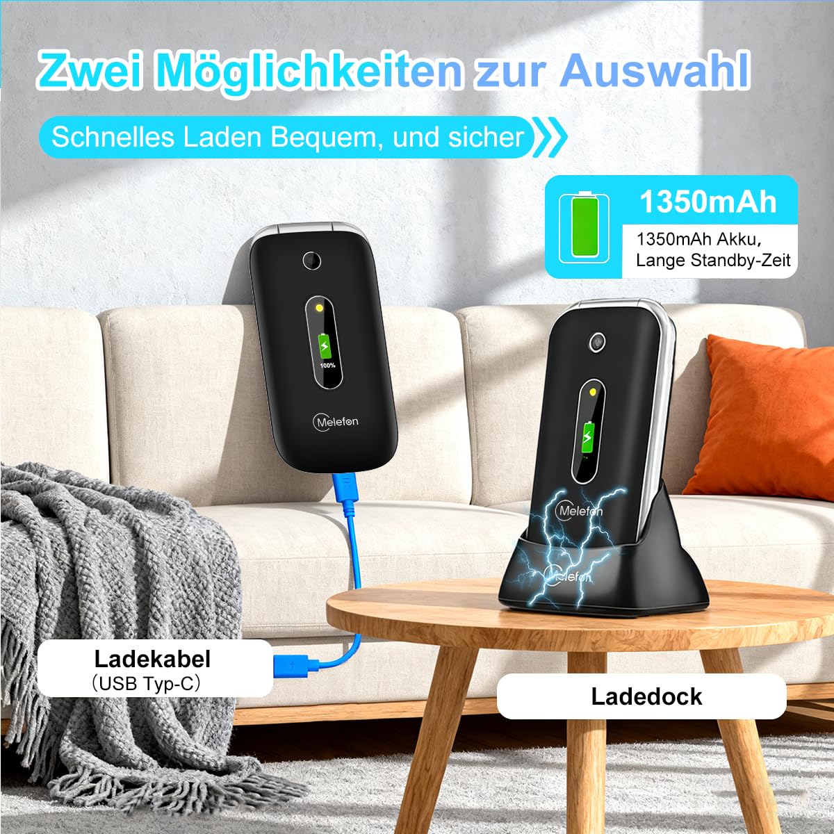 4G-Seniorenhandy – Klapphandy ohne Vertrag mit großem 2,4-Zoll-Farbdisplay, großen Tasten, SOS-Taste, Direktwahltasten M1/M2 | USB-C-Ladestation, UKW-Radio, 1350-mAh-Akku