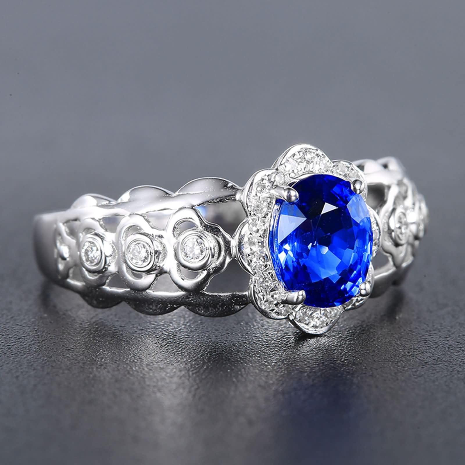 Daesar Anillos para Compromiso de Mujer con Hueco y Oval con Zafiro Creado de 1.1ct y Moissanita, Oro Blanco 9K/14K/18K, Anillos Alianza Plata Azul