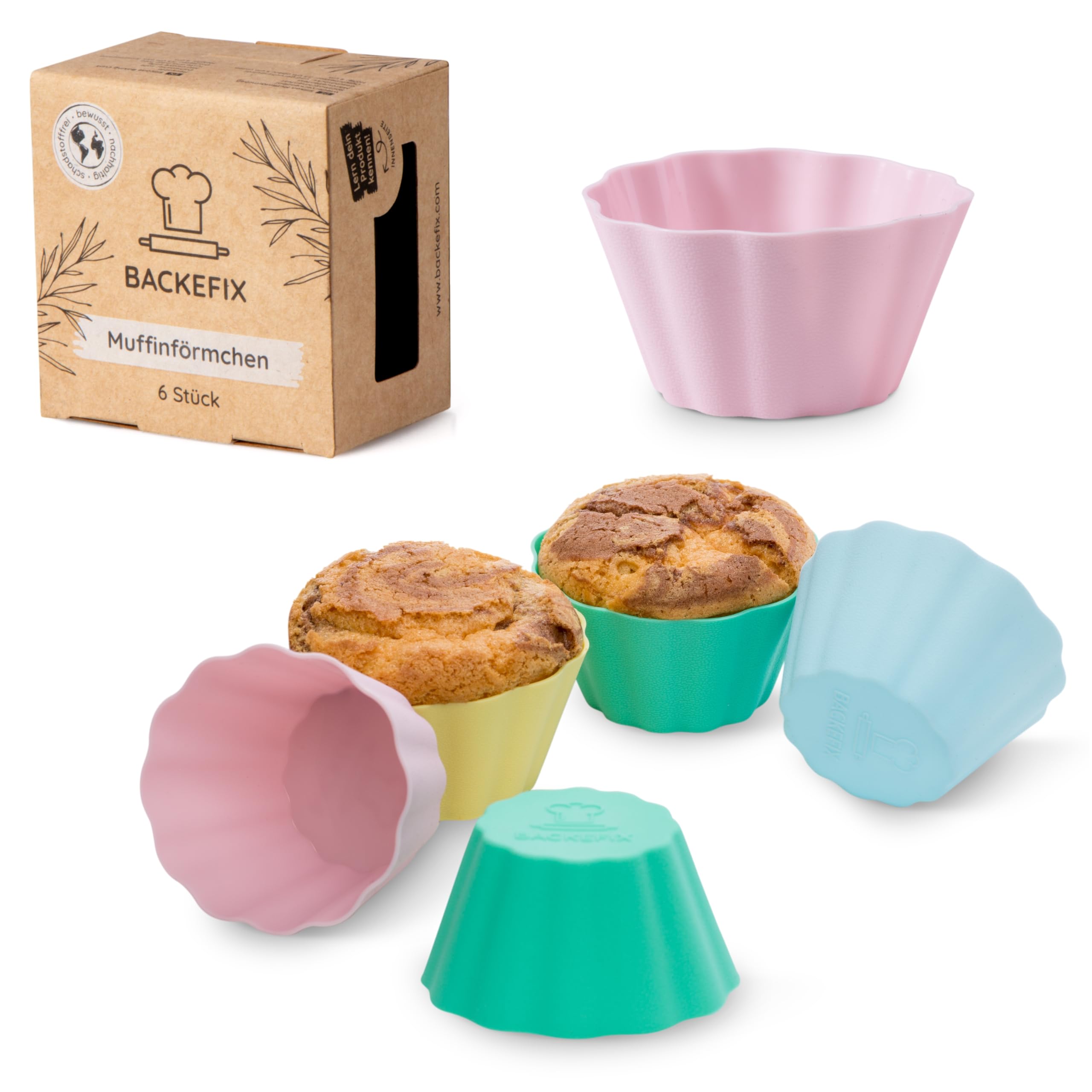 Backefix Silikon Muffinförmchen 6 Stück – 7,5 x 4 cm und 100 ml pro Cup, wiederverwendbare Cupcake Förmchen statt Einweg, formstabil, Airfryer geeignet, in sanften Pastellfarben, BPA- & PFAS-frei