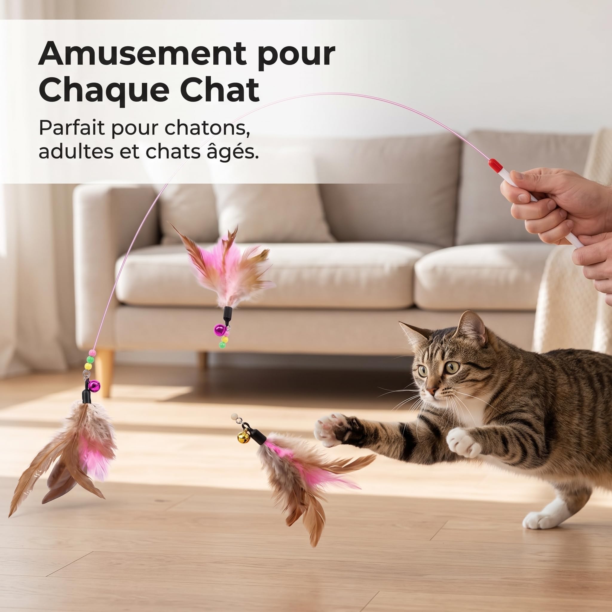 Canne à Pêche Jouet Chat Interactif pour Chatons et Chats Adultes, Plumeau Résistant aux Morsures, Jeu Chat Stimulant, 1 pièce