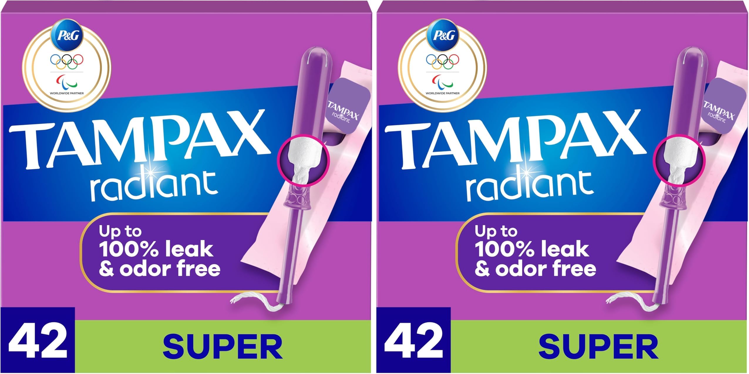 Radiant Tampons Super Absorbency with BPA-Free Plastic Applicator and LeakGuard Braid, Unscented, 42 Count (Pack of 2)