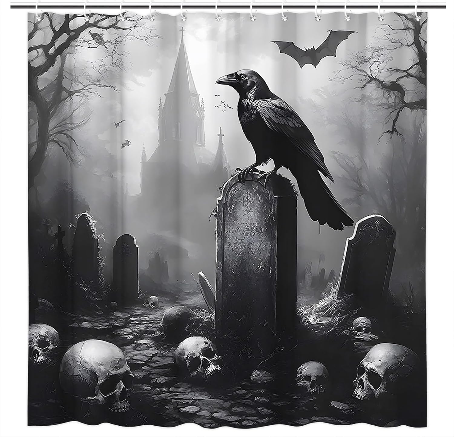 Spooky Black Crow Skull Gothic Shower Curtain Halloween Graveyard Night Day of The Dead Bathroom Decor Fabric Curtains with Hooks 70" L x 108" W