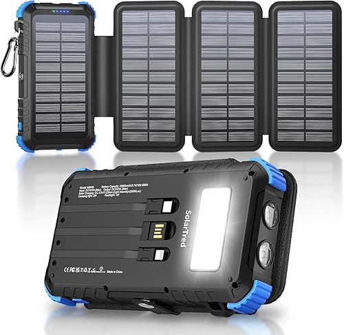 Banco de energía solar 45800mAh con 4 paneles, cargador solar portátil con 3 cables integrados para iPhone, entrada USB C de 15 W, carga rápida,